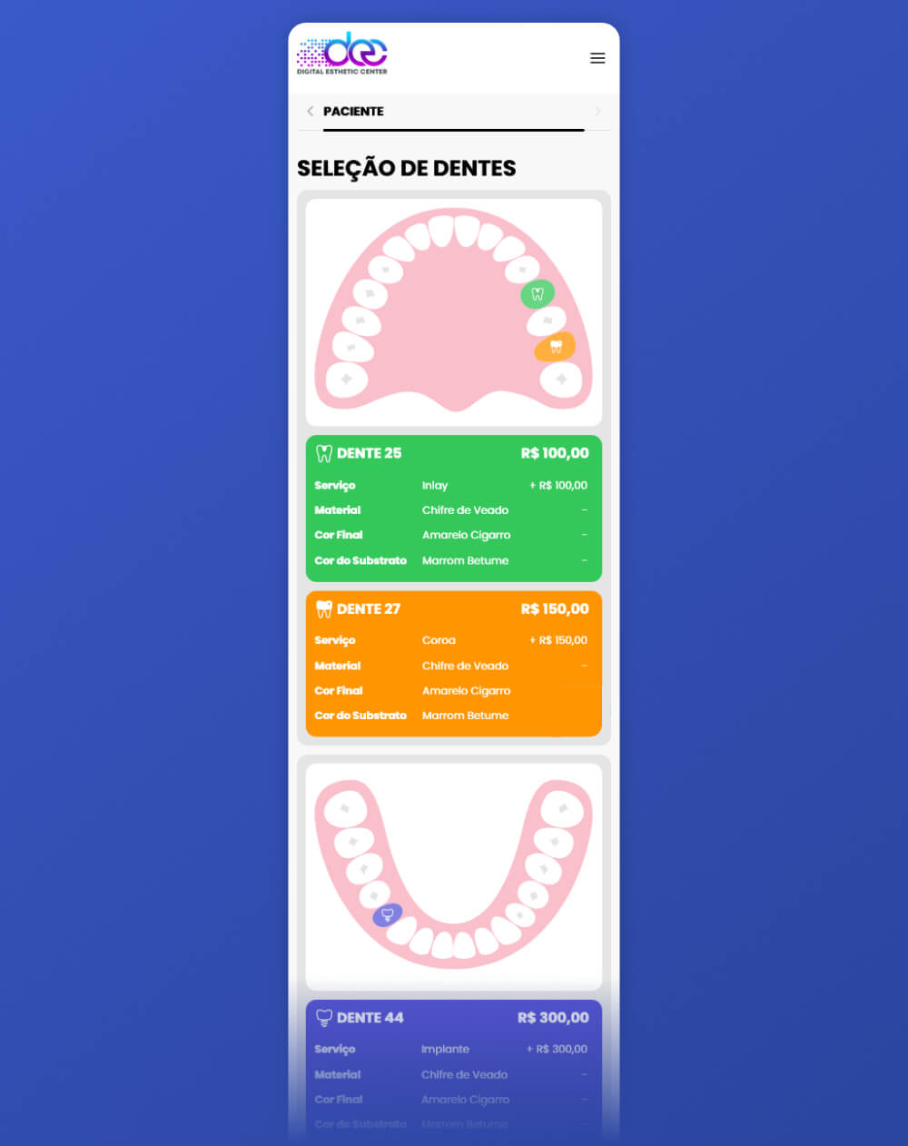 Tela exibindo os dentes selecionados e seus respectivos serviços que serão aplicados na versão mobile da interface.
