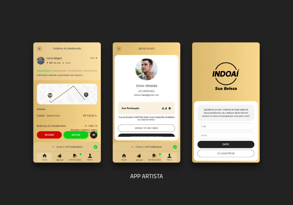 Grupo de 3 telas do artista do App Indo Aí
