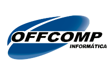 Logotipo da Offcomp Informática, composto por um elemento gráfico azul em forma de elipse inclinada para a direita com um traço branco atravessando-o, seguido pelo nome 